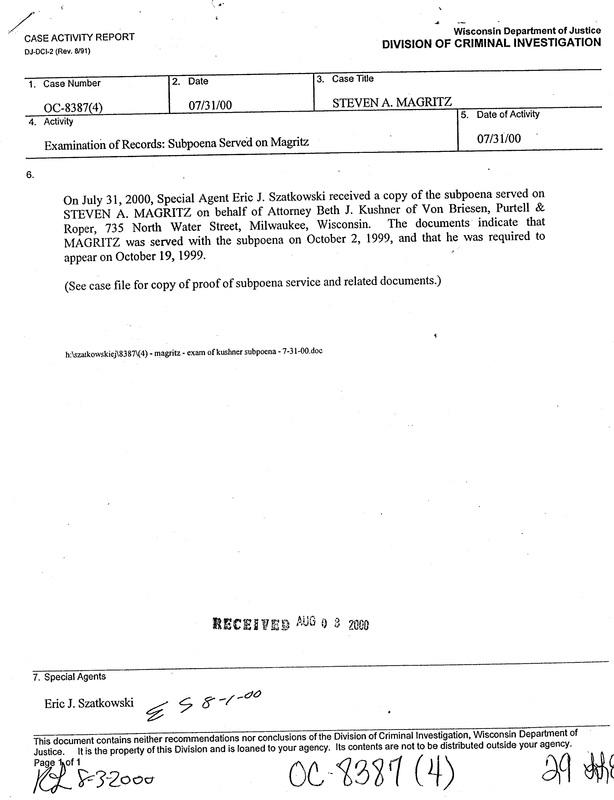 OzaukeeMOB.org,  This is the second of two documents from the Division of Criminal Investigation of Wisconsin Attorney General Jim Doyle’s “Department of Justice” that was mistakenly given to Steven Magritz in a “Discovery” package.  This is evidence that James Doyle was running the civil lawsuit in the name of his sister Catherine Doyle in order to destroy VCY America, Inc., a Christian broadcast ministry in Milwaukee, Wisconsin.  Steve Magritz exposed and foiled the illegal actions of James E. Doyle against VCY, thus Doyle’s attempt to put Magritz in prison for life for an alleged “offense” for which others have received only probation. Corrupt Wisconsin politics at its worst.